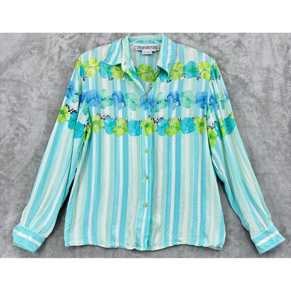 Vintage Starington Blouse Womens 8 Silk Floral Cottage Pocket Office Retro Blue